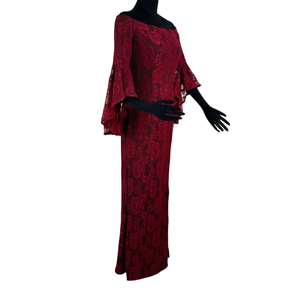 NWT Burgundy Lace Off Shoulder Maxi Dress Bell Sleeve Wedding Guest Gown Slit L